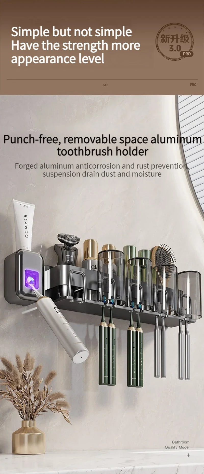 Toothbrush Holder Toothpaste Holder Electric Toothbrush Holder Space Aluminum Punch-Free Toilet Bathroom Shelf Rack
