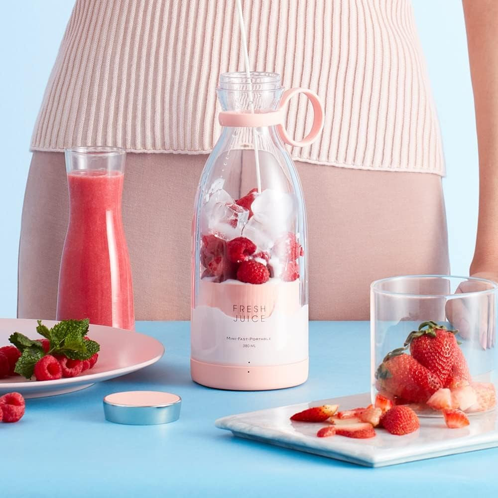 Smoothie Mixeur Portable Blender, Mixeur Rechargeable USB Portable Blender, Mixeur Fruits Sans Fil Sport Camping Fitness (ROSA)