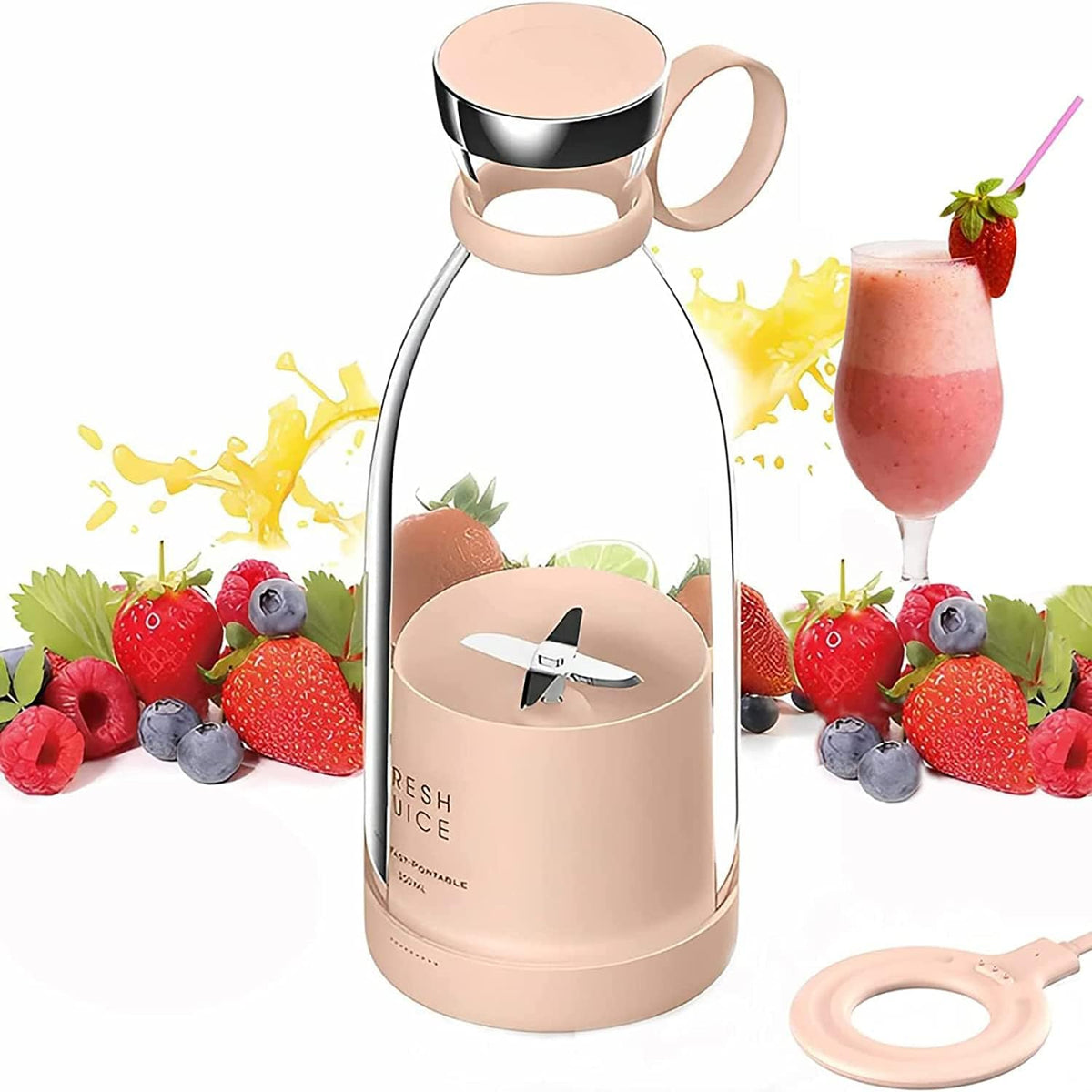 Smoothie Mixeur Portable Blender, Mixeur Rechargeable USB Portable Blender, Mixeur Fruits Sans Fil Sport Camping Fitness (ROSA)